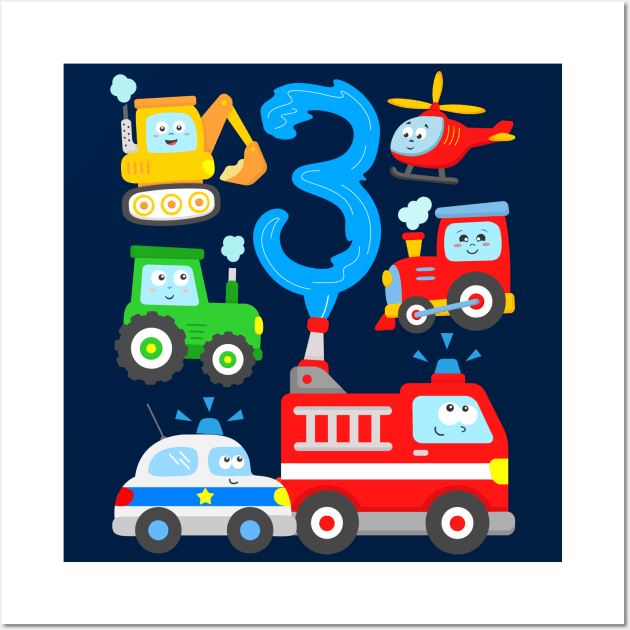 Kids 3 Years Vehicles Fire Truck Police Car Tractor Excavator 3rd BDay Wall Art by samshirts